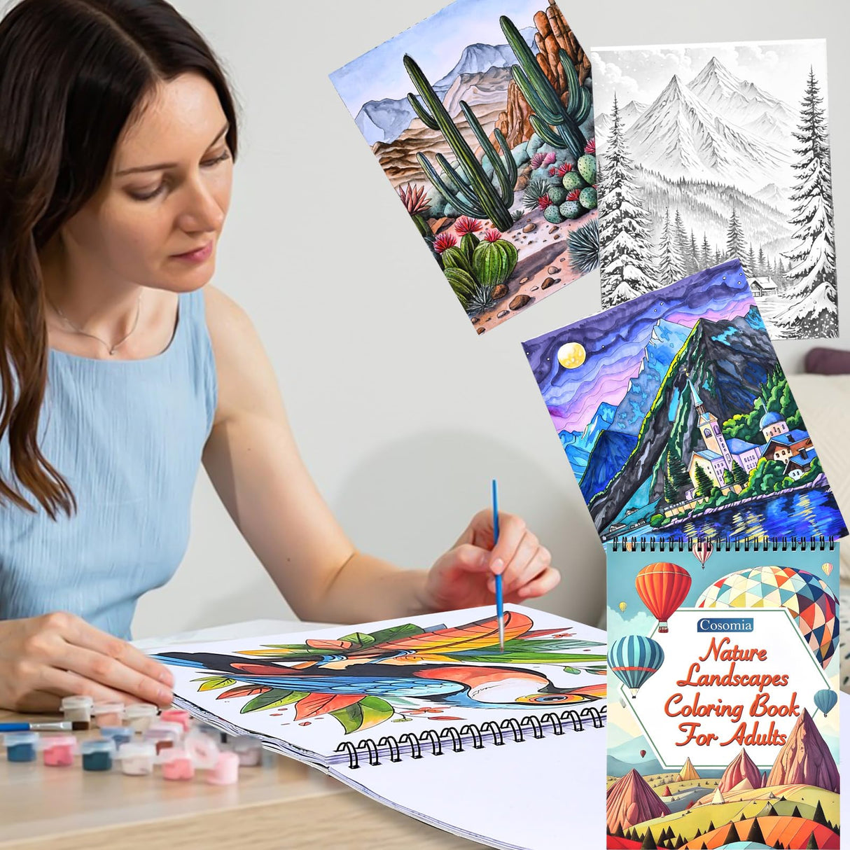 Cosomia Adult Coloring Books Set, 3 Fun Coloring Books for Adult Relaxation, 60 Pages of Flowers Nature Landscapes Animals, Brain Game for Adults Cosomia