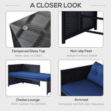 Outsunny 3 Piece Patio Furniture Set, Rattan Outdoor Sofa Set with Chaise Lounge & Loveseat, Soft Cushions, Tempered Glass Table, L-Shaped Sectional Couch, Blue Outsunny