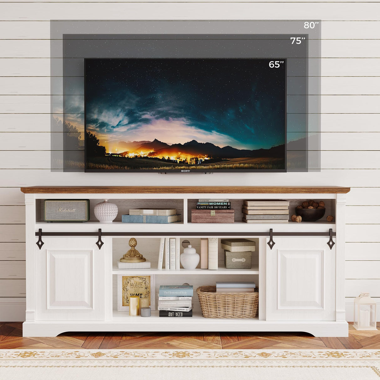 IRONCK Farmhouse TV Stand for 75+ Inch TV, 70" Entertainment Center with Storage Cabinets and Sliding Barn Door, Media Console for Living Room, White IRONCK