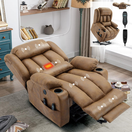 SOCIALCOMFY Large Dual Motor Lay Flat Power Lift Recliner Chair with Extended Footrest, Heat Massage, Oversized Electric Recliner for Big Tall Elderly, Lumbar Pillow, USB & Type-C Ports, Brown SOCIALCOMFY