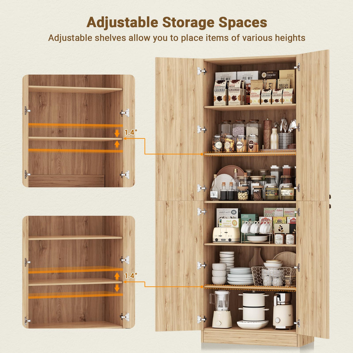 Cyclysio 80" Storage Cabinet, Tall Arched Bookcase with 4 Doors, 6-Tier Wooden Pantry with Adjustable Shelves, Seamless Fit Wall for Home Office, Living Room, Kitchen (Natural) Cyclysio