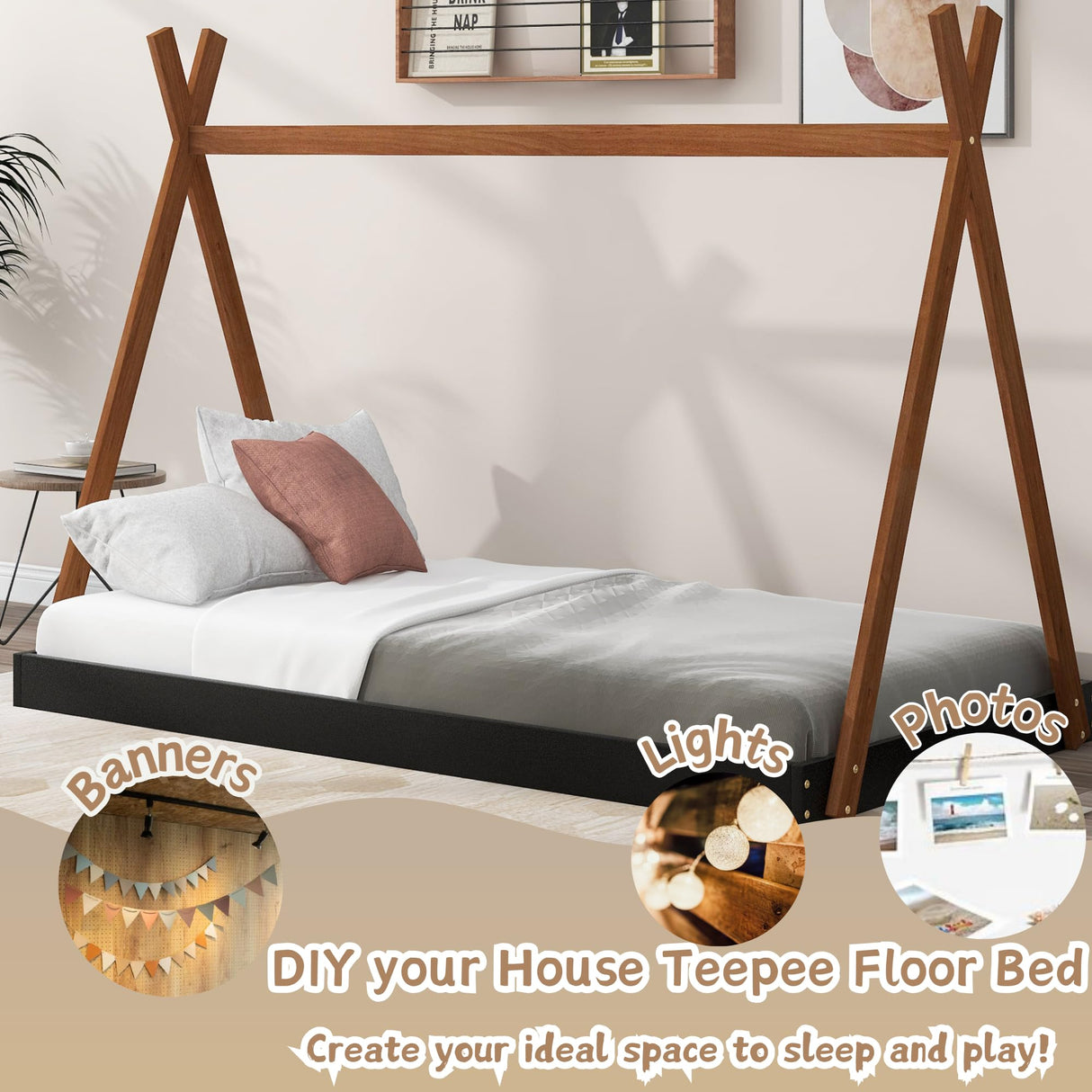 Wood Teepee Bed Twin Size Floor Beds for Kids, Montessori Style House Tent Bed Frame for Boys Girls Teens, No Spring Box Needed, Black with Brown Bellemave
