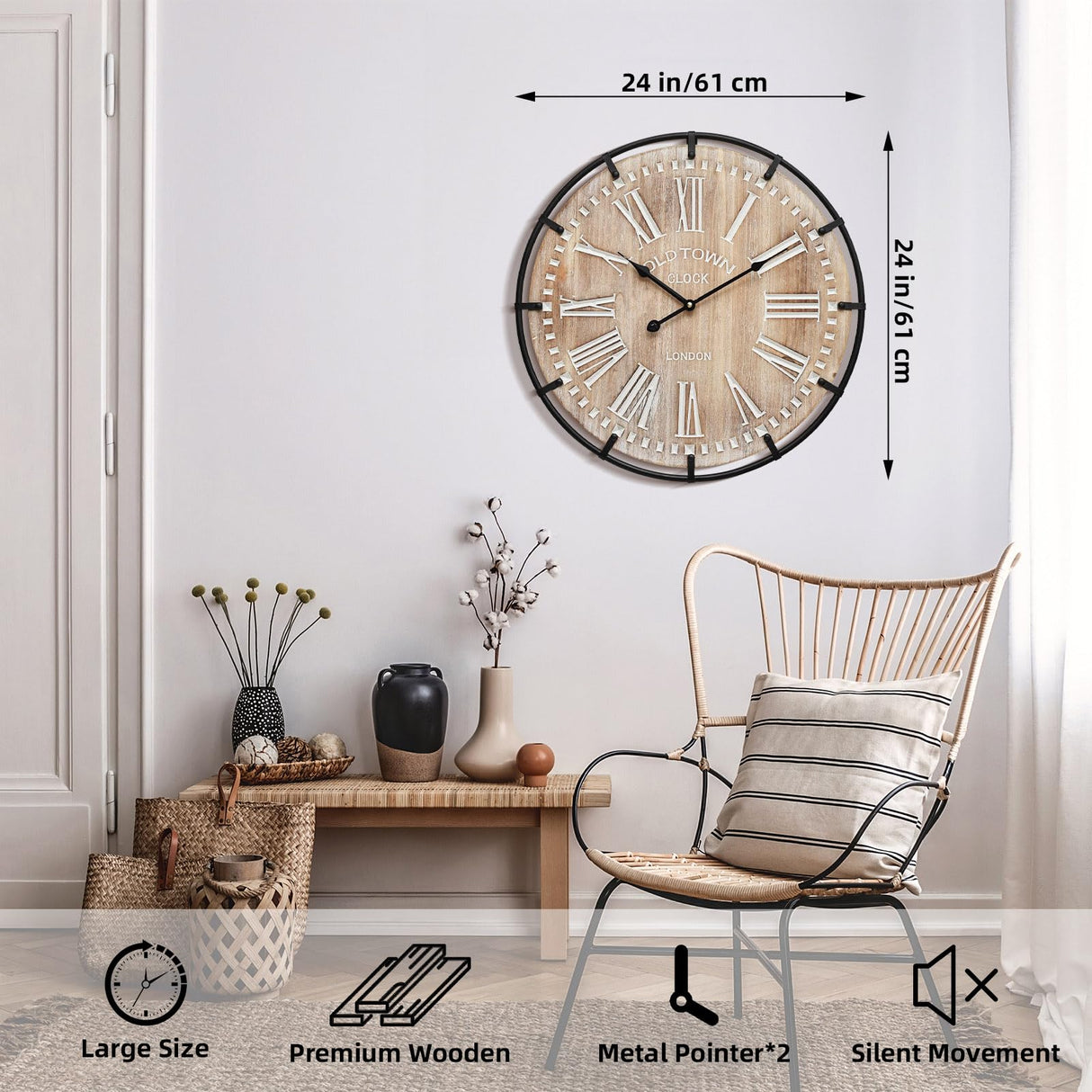 UPPER DECOR 24 Inch Large Farmhouse Wall Clock - Rustic Wooden Silent Wall Clock with Metal Circle & Engraved Numerals, Battery Operated for Kitchen, Bedroom, Living Room, Fireplace Mantel Decor UPPER DECOR