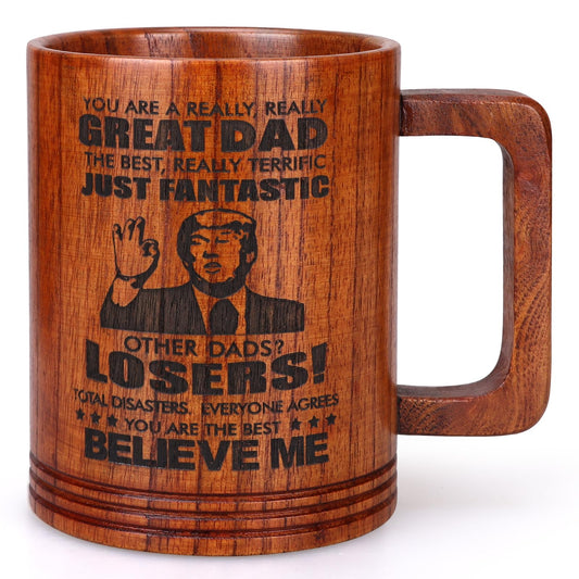 Gifts for Dad from Daughter Son Large Wooden Beer Mug Funny Thanksgiving Christmas Presents for Dad Mug Wood Stein Cup Unique Xmas Fathers Day Birthday Gifts Cool Trump Coffee Mugs Viking Mug - WoodArtSupply