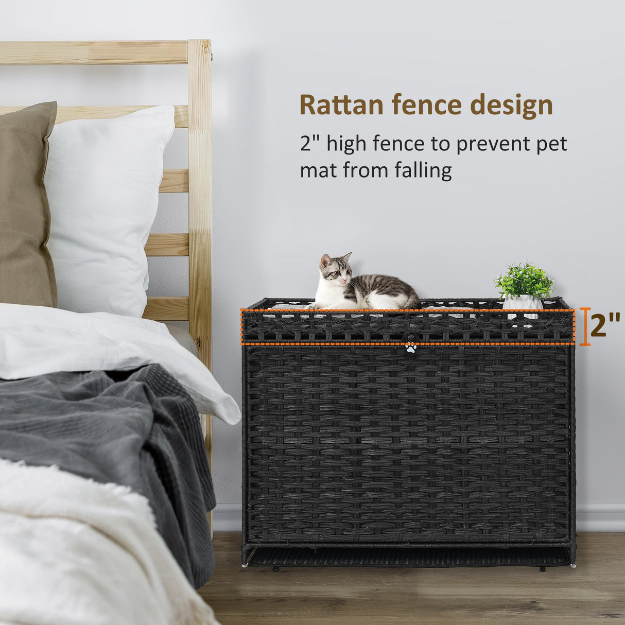 Cat Litter Box Enclosure with Soft Litter Mat; Hidden Cat Washroom Furniture with Door; Handwoven Rattan Cat House with Large Space; Pet Crate for Living Room, Bedroom, Balcony (Black) Honiakaka