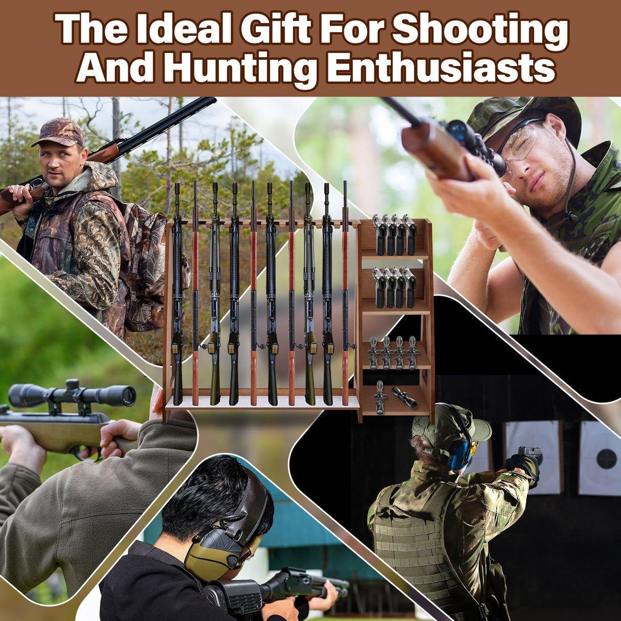 Wooden Gun Rack with Holder, Indoor Floor Standing Rifle Rack, Gun Display Storage for Home or Garage Storage, Holds 10 Long guns and 8 handguns(Walnut) Lineshading