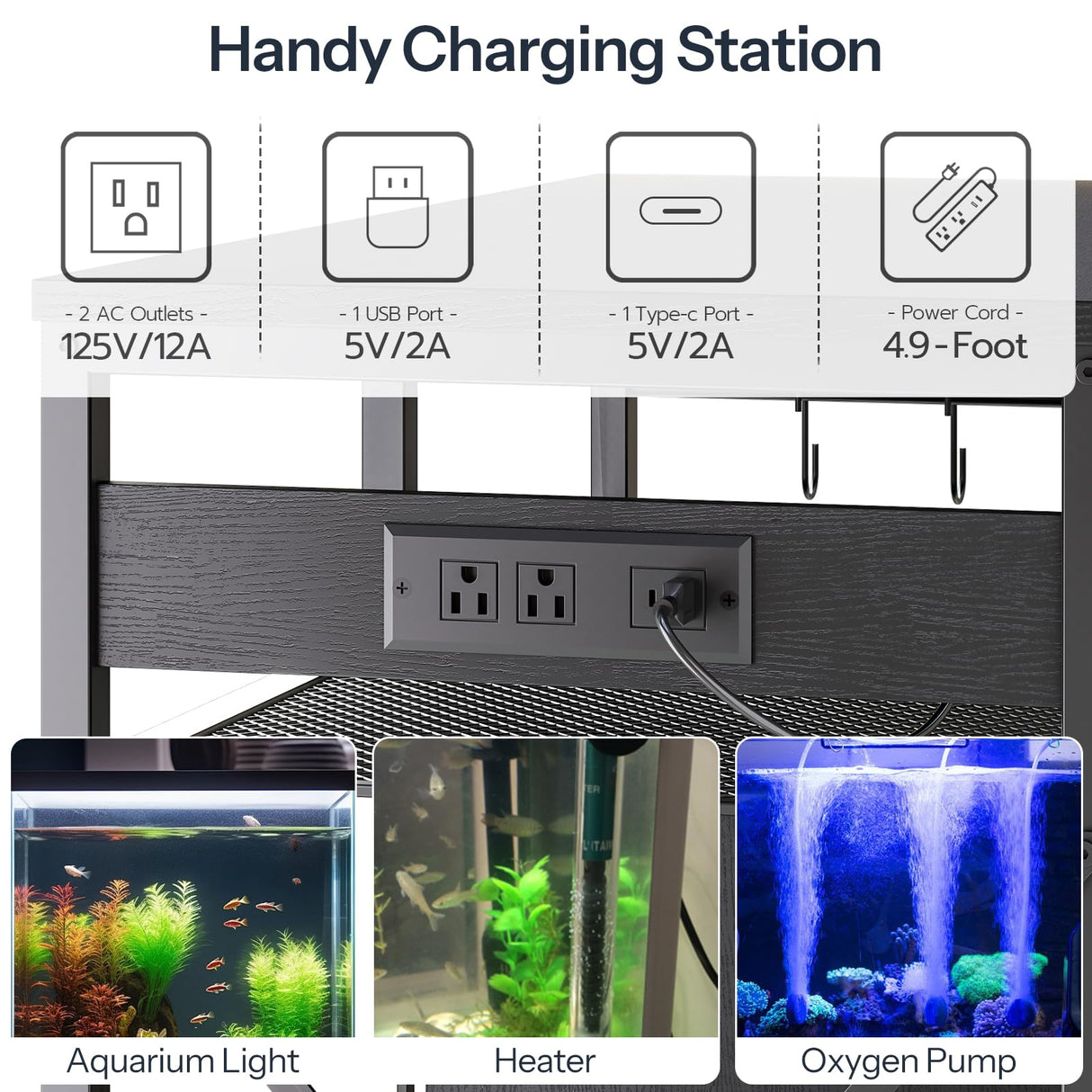 HOOBRO 40-50 Gallon Fish Tank Stand with Power Outlet and LED Light, Metal Frame Aquarium Stand with Cabinet Storage, for Reptile Turtle Tank, 440 LBS Capacity, 36.6'' L x 18.9'' W, Black BB93UDFT01 HOOBRO