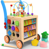 WOODMAM 9-in-1 Wooden Activity Cube | Wooden Baby Walker, Sit-to-Stand Learning Walker Activity Center, Early Educational Push & Pull Toys for Baby Toddler Boys Girls, Height & Brake Adjustable WOODMAM