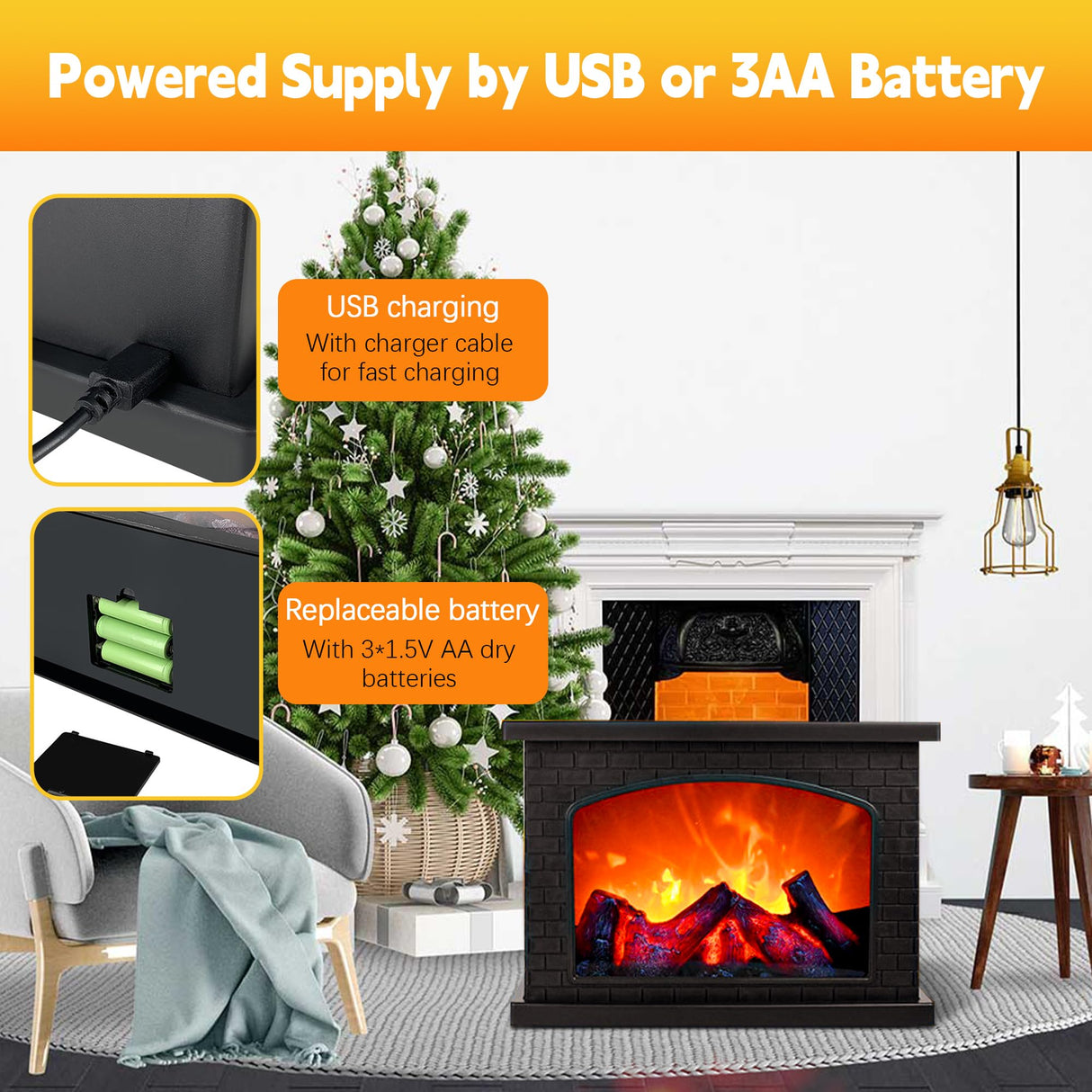 Fireplace Lanterns Decorative,Small Fake Fire Place,Flame Effect LED Fire Lamp,Battery Operated USB Charge Portable Fireplace,Indoor Outdoor Christmas Decoration (No Heater Function Black) WLHONG
