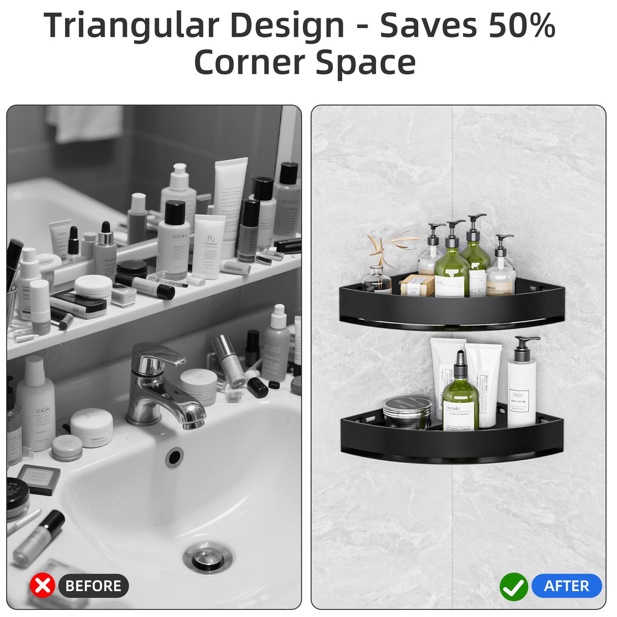 Wisfame Black Corner Shower Caddy - Rustproof Aluminium Triangle Shower Shelf - No Drill & Drill Installation - 2 Bathroom Shelves Wall Mounted (20LB Capacity/Tier) Wisfame