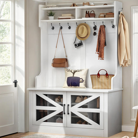 DWVO 42" Wide Hall Tree with Shoe Storage, Farmhouse Entryway Bench with Coat Rack, 10 Shoe Cubbies with Adjustable Shelves & 10 Coat Hooks, Shoe Storage Bench for Entryway Hallway (White) DWVO