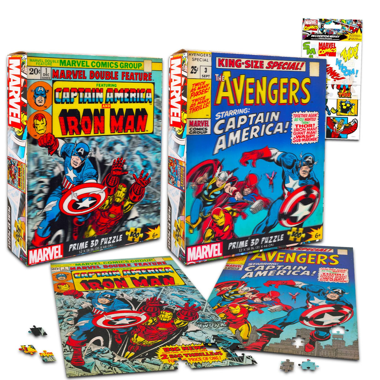 Avengers Puzzles for Kids, Teens, Adults - Bundle with 2 Assorted 300 Piece Captain America and Iron Man Puzzles Plus Stickers | Marvel Superhero Puzzles Marvel
