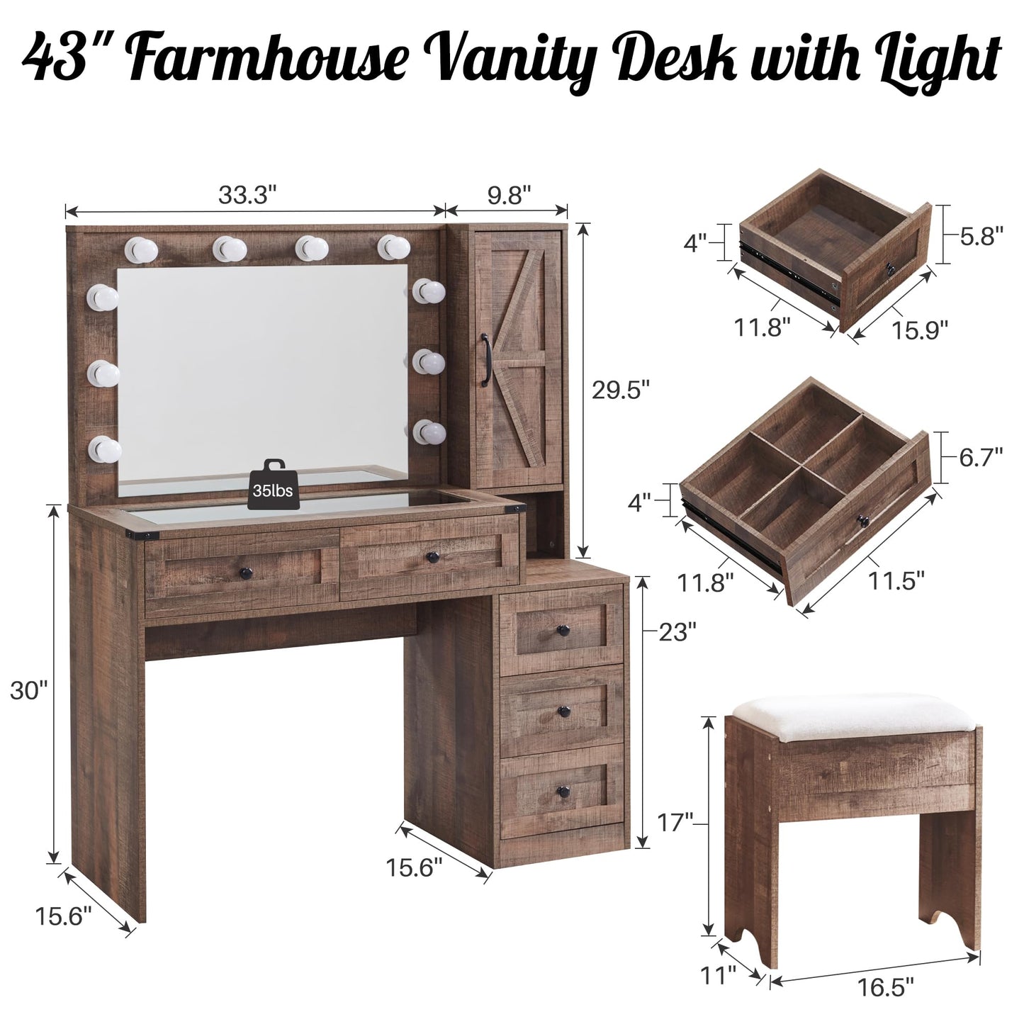 ACCOHOHO Farmhouse Vanity Desk with Mirror and Lights, 43" Wide Makeup Vanity with Glass Tabletop and Charging Station, Modern Vanity Table Set with Storage and Stool for Bedroom, Light Brown