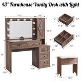 ACCOHOHO Farmhouse Vanity Desk with Mirror and Lights, 43" Wide Makeup Vanity with Glass Tabletop and Charging Station, Modern Vanity Table Set with Storage and Stool for Bedroom, Light Brown ACCOHOHO