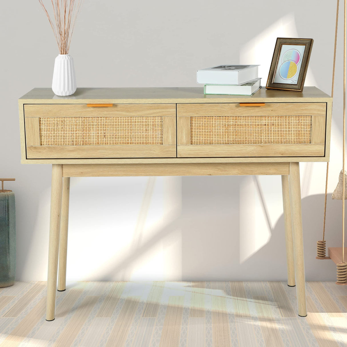 DOALBUN OKL 39" Console Table, Oak Entryway Table with 2 Rattan Drawers, Sofa Table with Wood Frame and Bamboo Storage Shelf, Rustic Hallway Table for Living Room Foyer Entryway (Natural) DOALBUN