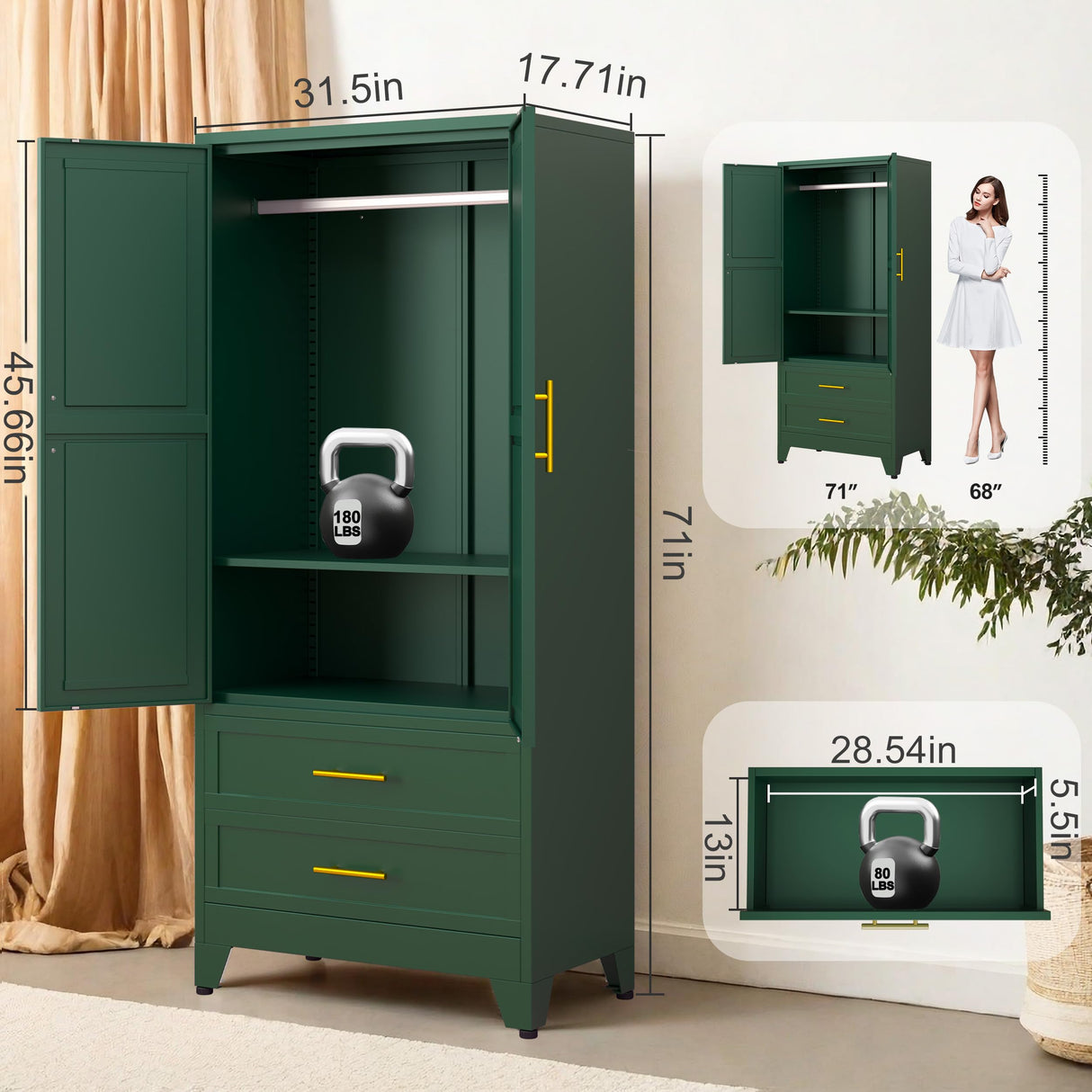 71" Metal Armoire Wardrobe Closet, Metal Wardrobe Cabinet with Hanging Rod (Green) GAIOUS