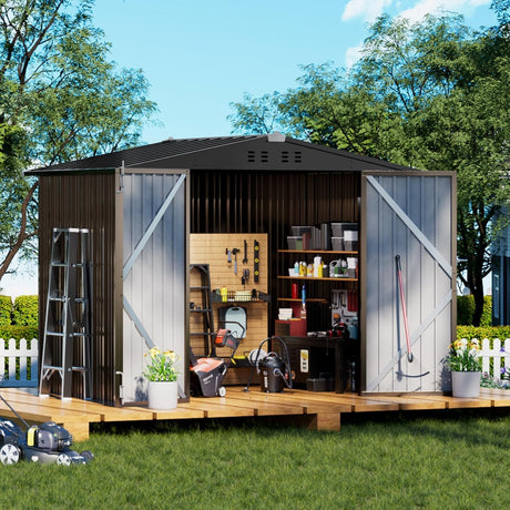 COMHOMA Shed Outdoor Storage Shed Metal,Lockable Doors Tool Sheds with Sloping Roof,Steel Garden Shed with Air Vent for Backyard,Patio,Lawn,Poolside (Brown, 8'*6') COMHOMA