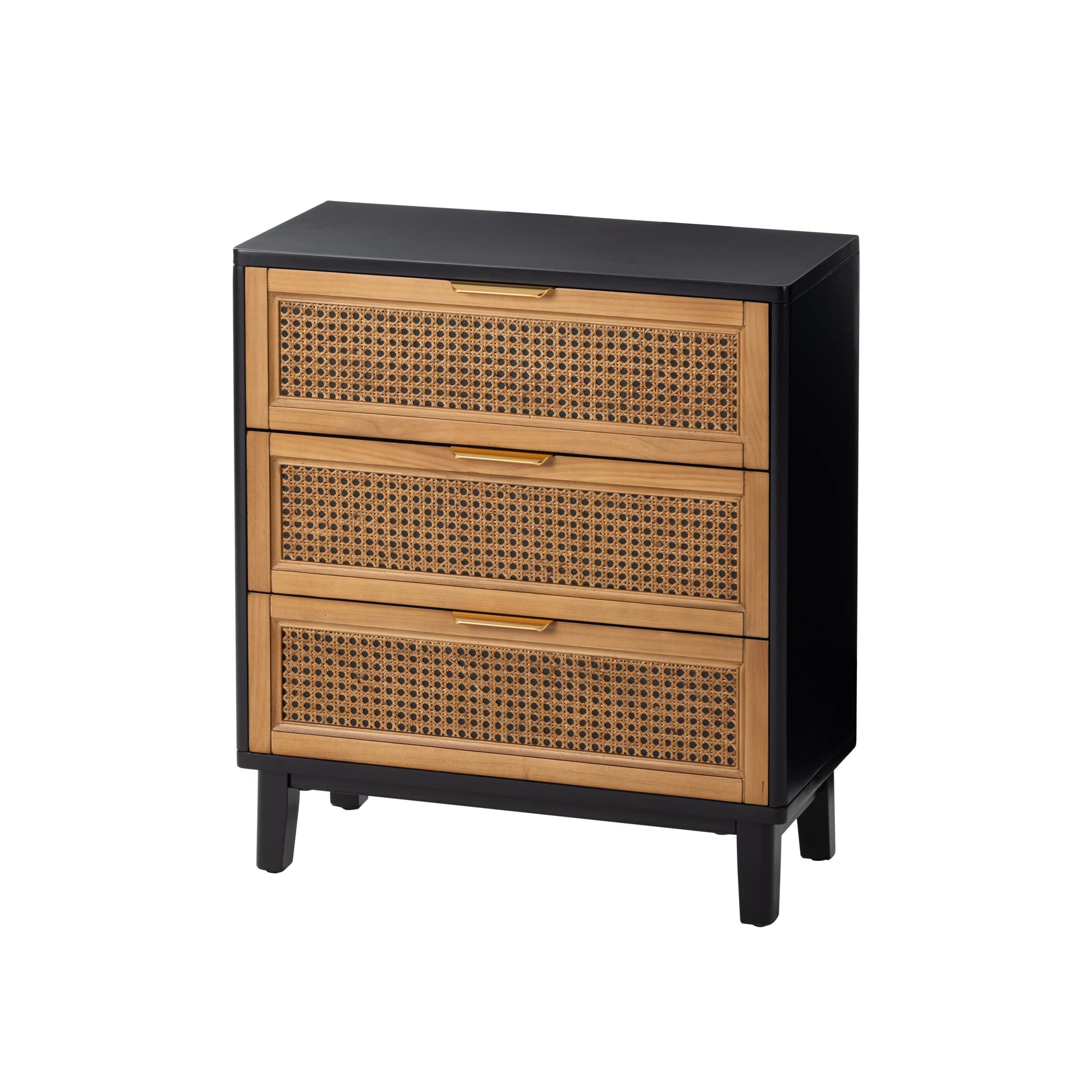 COZAYH Farmhouse 3-Drawer Nightstand, Set of 2 Woven Cane Front Accent Dresser with Brass Pull, Fully-Assembled, Black - WoodArtSupply