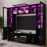 Bobve 94" Wall Unit Entertainment Center for TVs up to 70", Modern TV Console with LED Lights, Multifunctional TV Stand with Tempered Glass Door, Drawers & Shelves for Living Room, Black Bobve