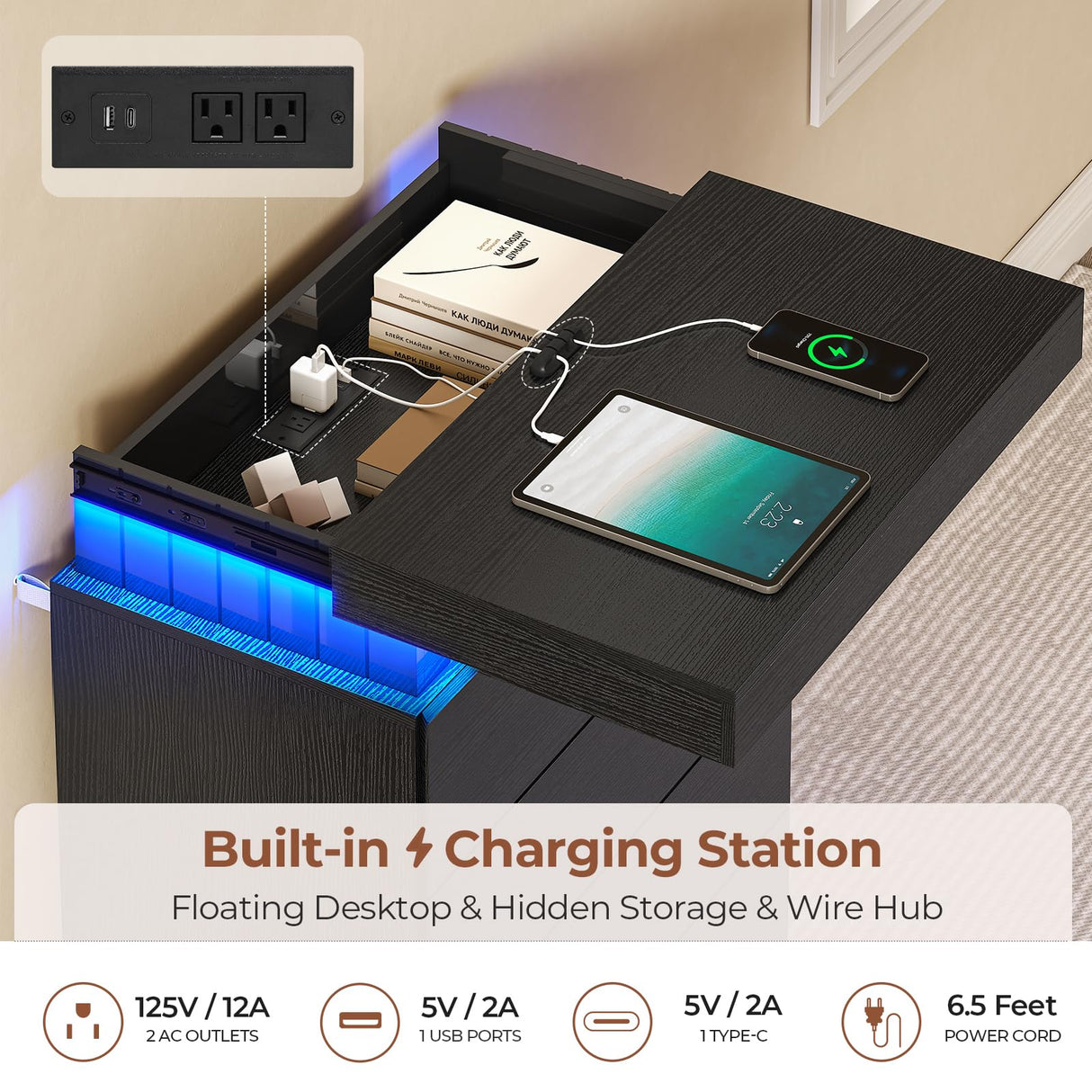 UPOSOJA Tall Black Dresser for Bedroom, Modern 5 Wood Drawers with LED Light and Power Outlet, Floating Dressers for Closet, Large Chest of Drawer for Living Room, Hallway, Entryway UPOSOJA