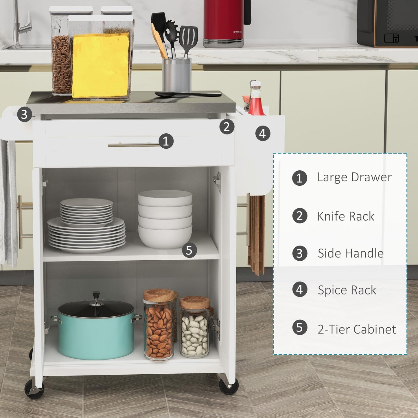 HOMCOM Kitchen Island on Wheels, Rolling Kitchen Cart with Stainless Steel Countertop, Drawer, Towel Rack and Spice Rack, Utility Storage Trolley, Cream White - WoodArtSupply