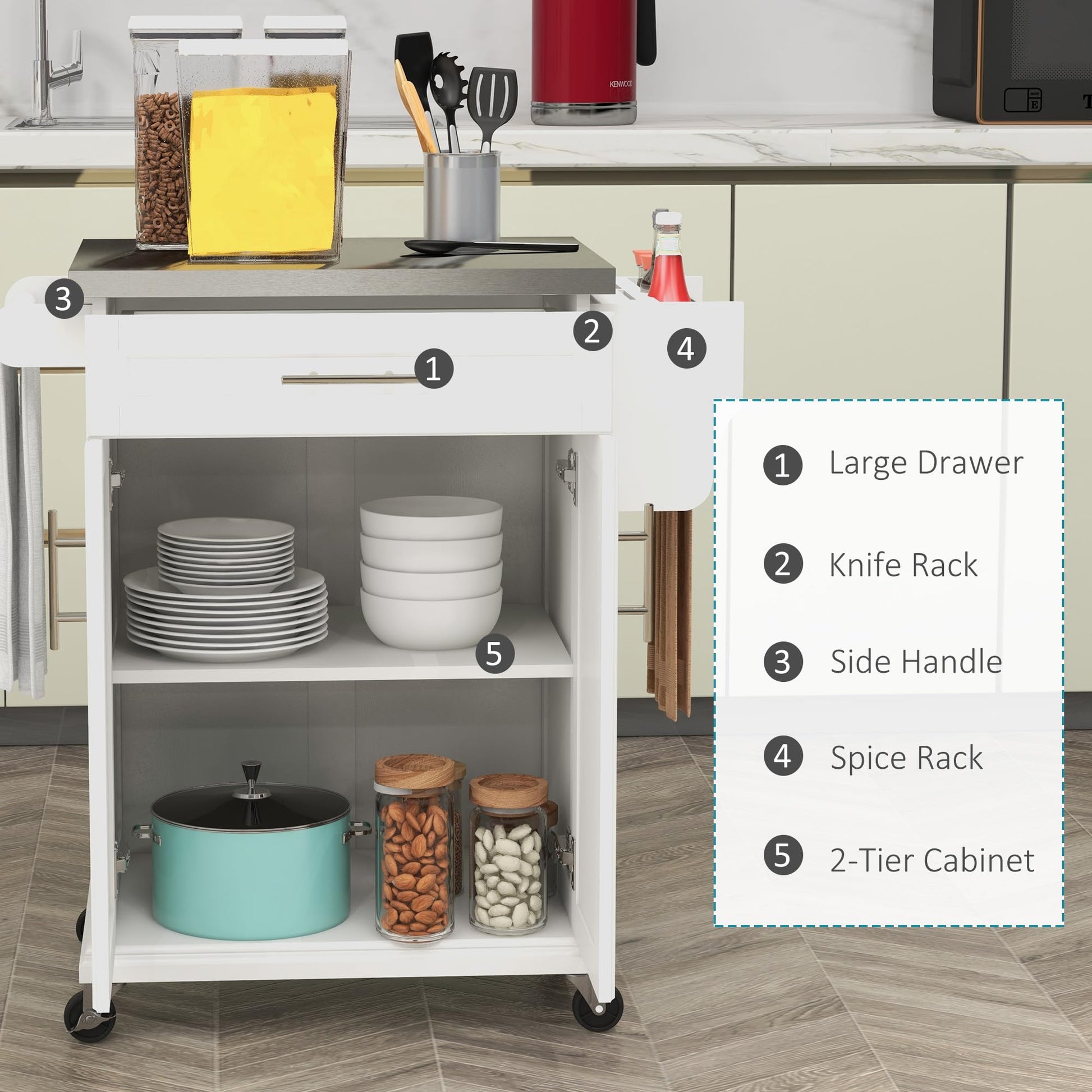 HOMCOM Kitchen Island on Wheels, Rolling Kitchen Cart with Stainless Steel Countertop, Drawer, Towel Rack and Spice Rack, Utility Storage Trolley, Cream White - WoodArtSupply