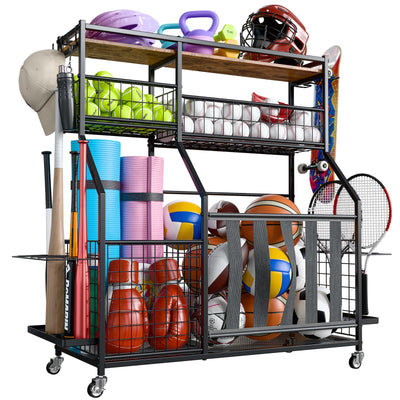 Holiwei Sports Equipment Organizer, Garage Storage with Basket and Hooks, Rolling Cart with Wheels for Toy Sports Gear Storage, Ball Rack for Indoor/Outdoor