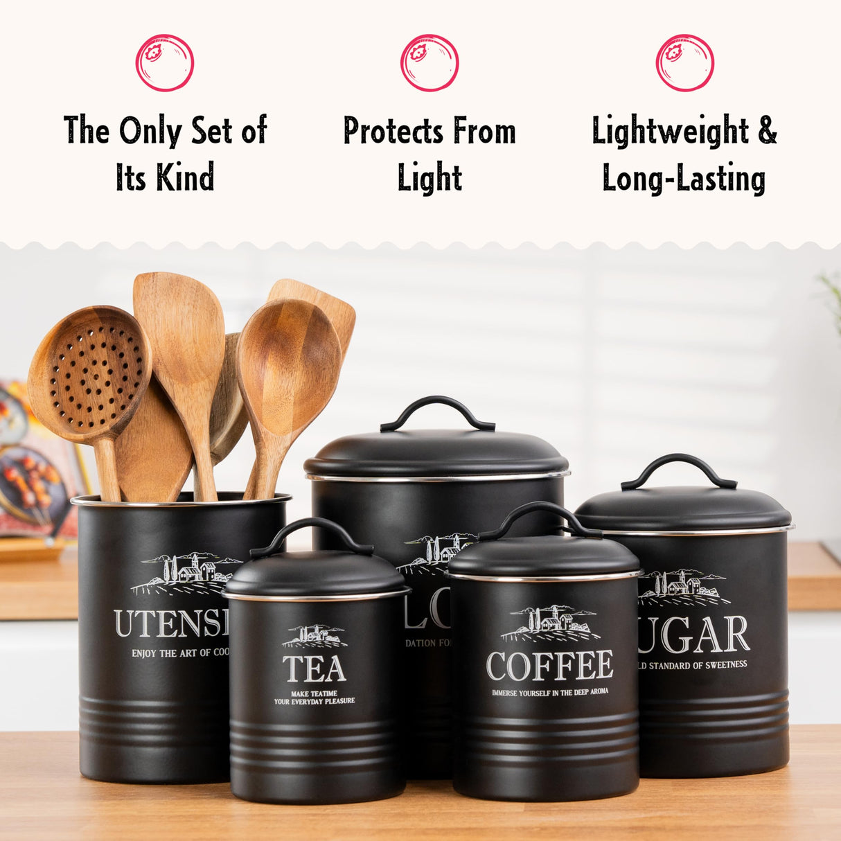 noonberry Canisters for Kitchen Counter, Set of 5 Black Containers, Airtight Coffee Tea Flour Sugar Canisters Sets for the Kitchen Countertop & Kitchen Utensil Holder noonberry
