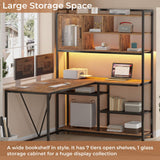 SEDETA 58'' L Shaped Computer Desk with LED Light and Bookshelf in Rustic Brown SEDETA