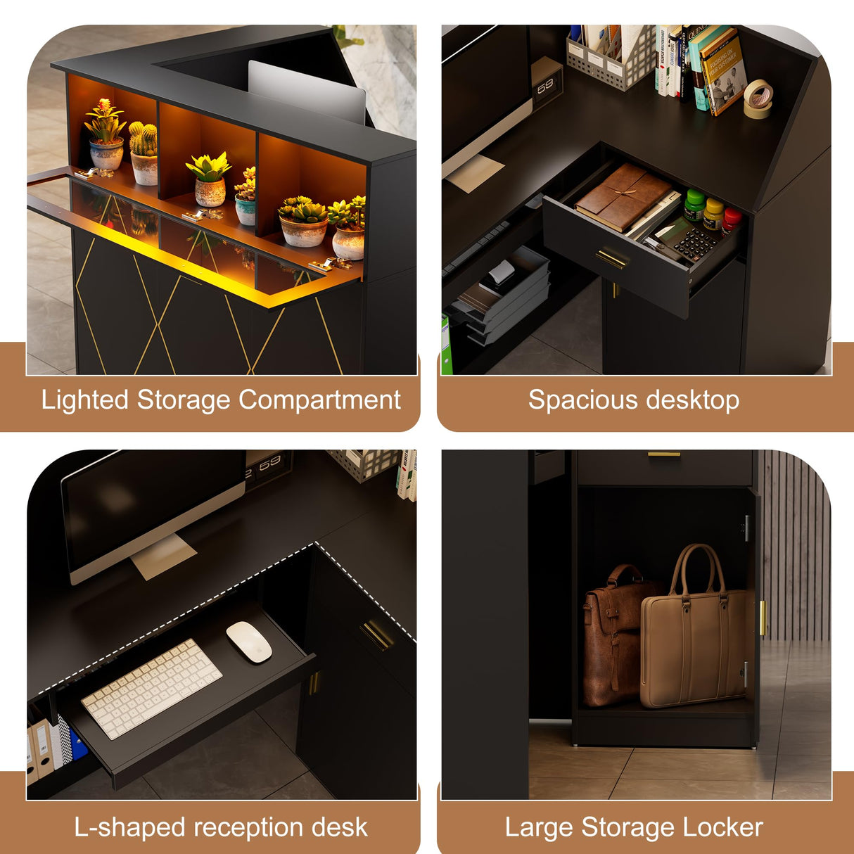 PAKASEPT Reception Desk with LED Lights, L-Shaped Modern Front Desk with Glass Display Shelf, Reception Counter Table for Lobbies, Salons, Retail, Home Offices (Black) PAKASEPT