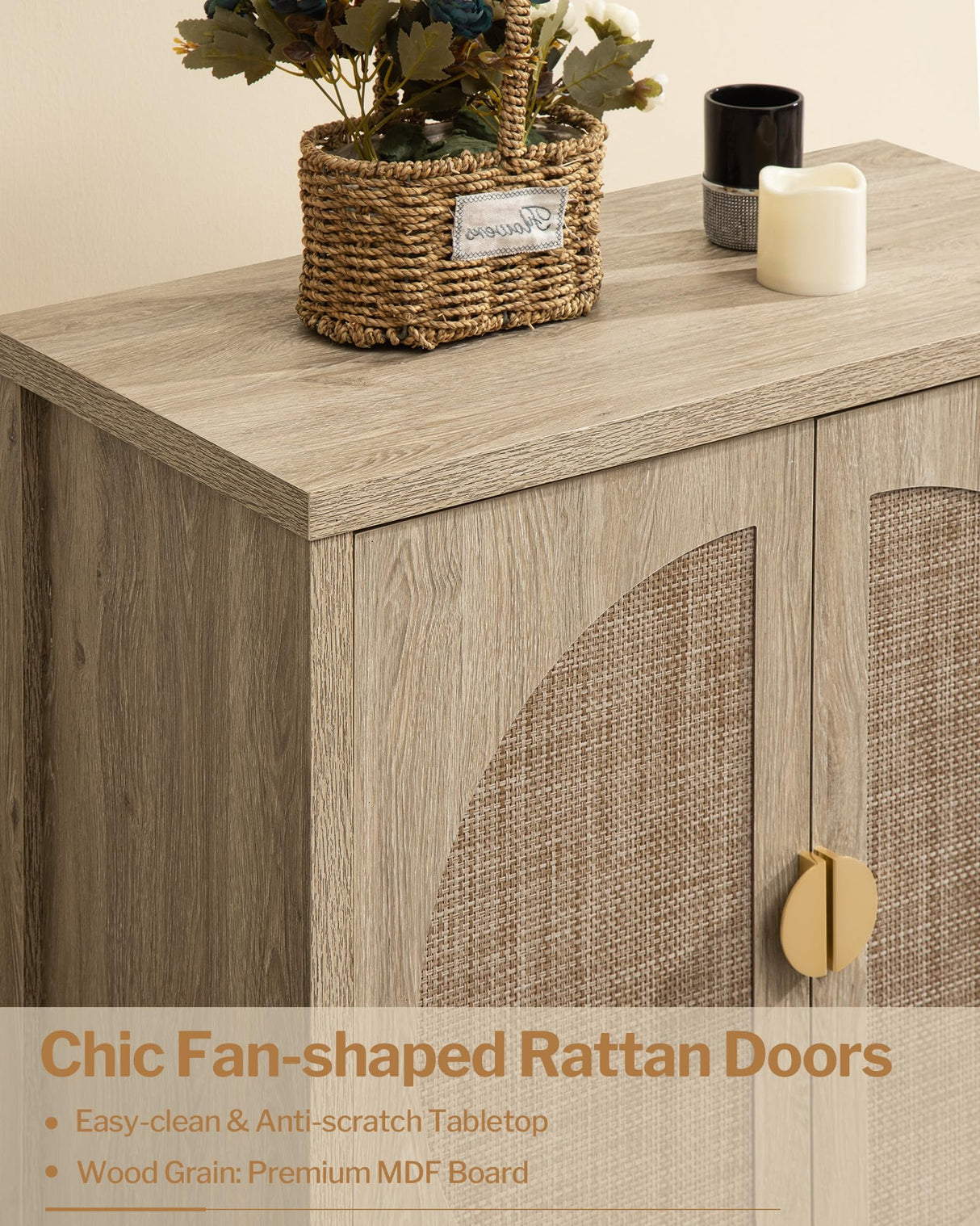 SICOTAS Accent Wood Storage Cabinet with Rattan Doors, Sideboard Buffet Cabinet with Adjustable Shelves, Multifunctional Console Table Rattan Credenza for Dining Room, Living Room, Entryway SICOTAS