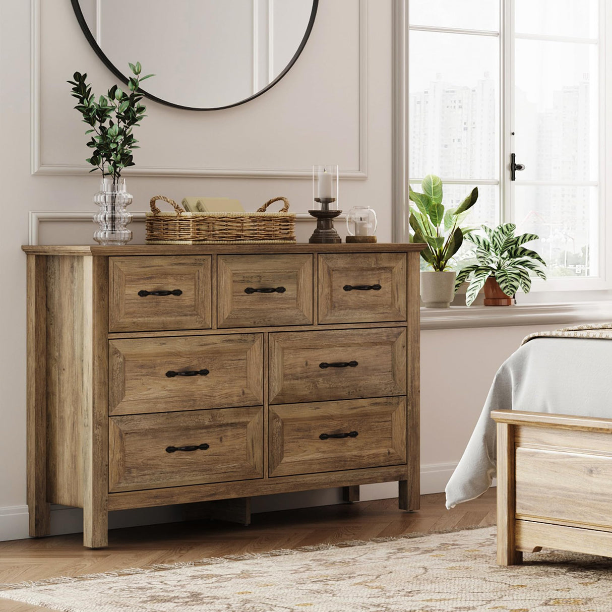 LINSY HOME 7 Drawers Dresser for Bedroom, Wood Bedroom Dresser Farmhouse Drawer Chest, Tall Dressers Organizer for Closet, Living Room, Hallway LINSY HOME