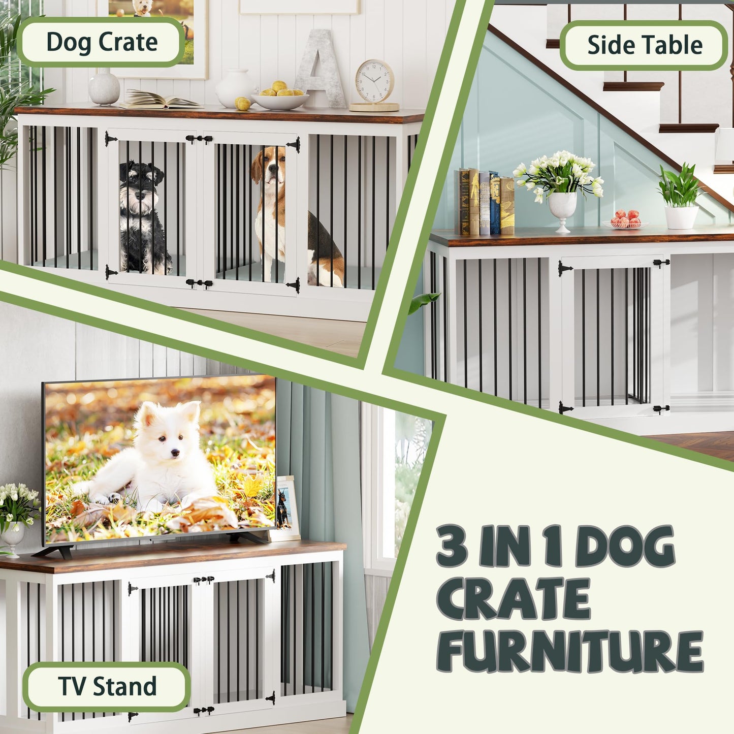 70.9 inch Double Dog Crate Furniture, Furniture Style Dog Crate Table, Wood Crates for Dogs Kennel Indoor with Removable Divider, XXL Heavy Duty Decorative Dog Crate Table for 2 Dogs (White)