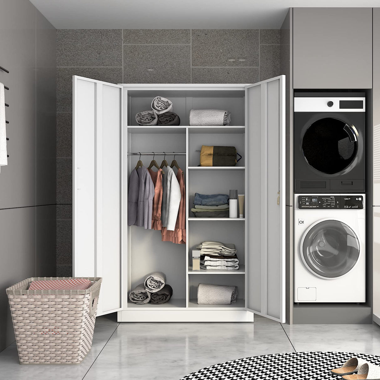 MIIIKO Steel Wardrobe, 72" Combination Storage Cabinet with Clothes Rod and 4 Shelves Organizer Storage, 2 Lockable Doors, for Office Home, Garage, MIIIKO