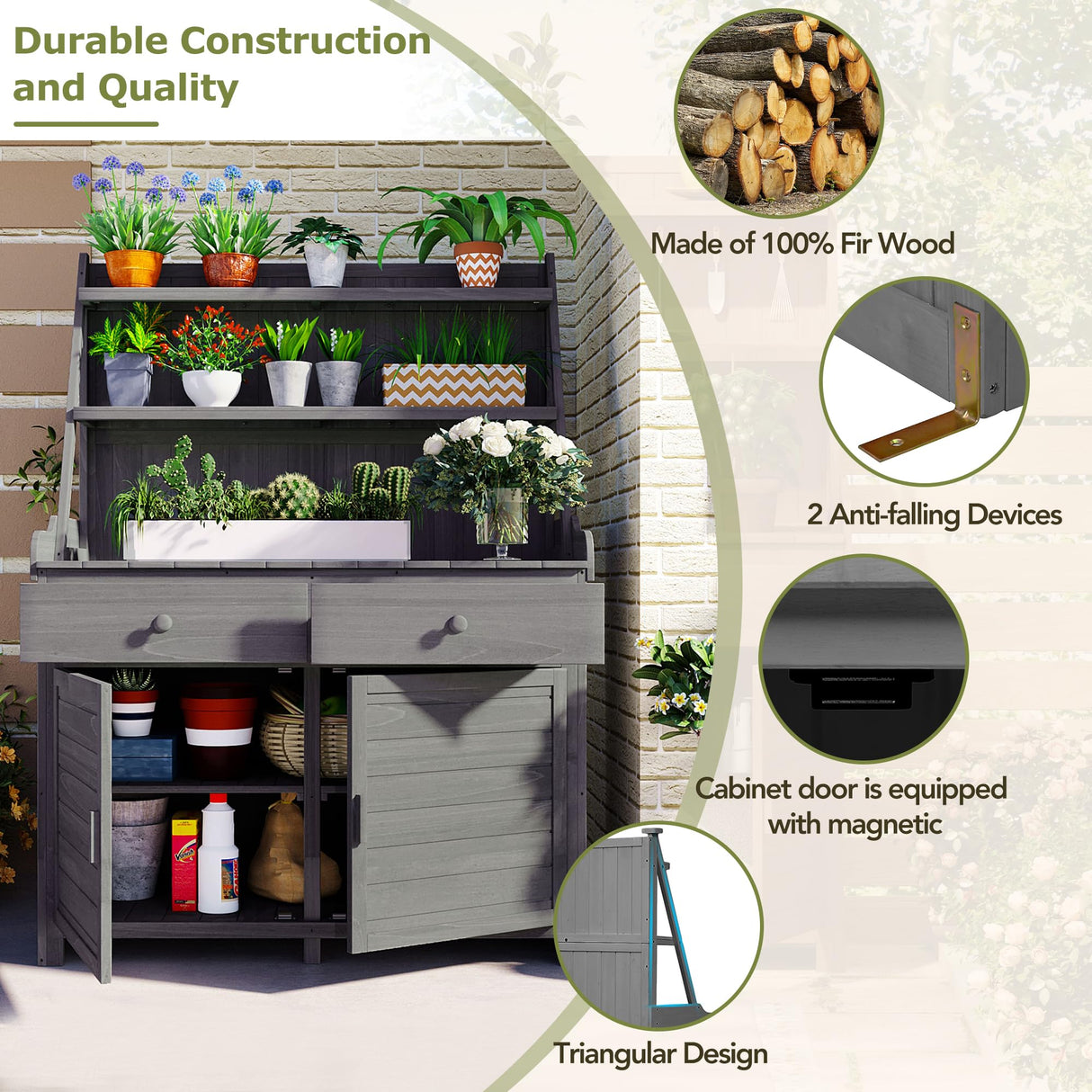 KUIKUI Potting Table, Gardening Table, Potting Benchs for Outside, Fir Wood Workstation with Storage Shelf, Drawer and Cabinet, 47.2''Lx22.8''Wx65''H, Gray KUIKUI