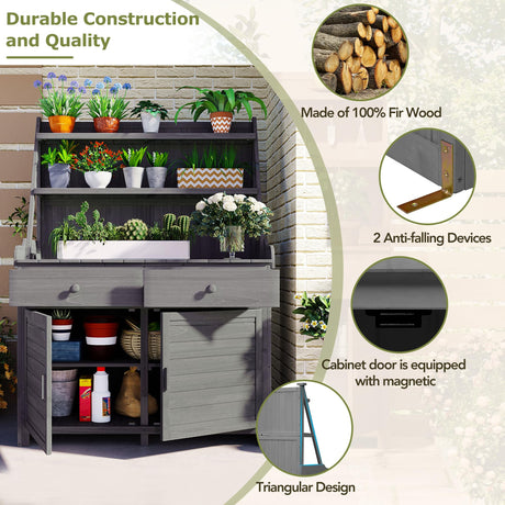 RUNNA 65inch Garden Potting Bench Table, Fir Wood Workstation with Storage Shelf, Drawer and Cabinet (Gray@017, 65inch) RUNNA