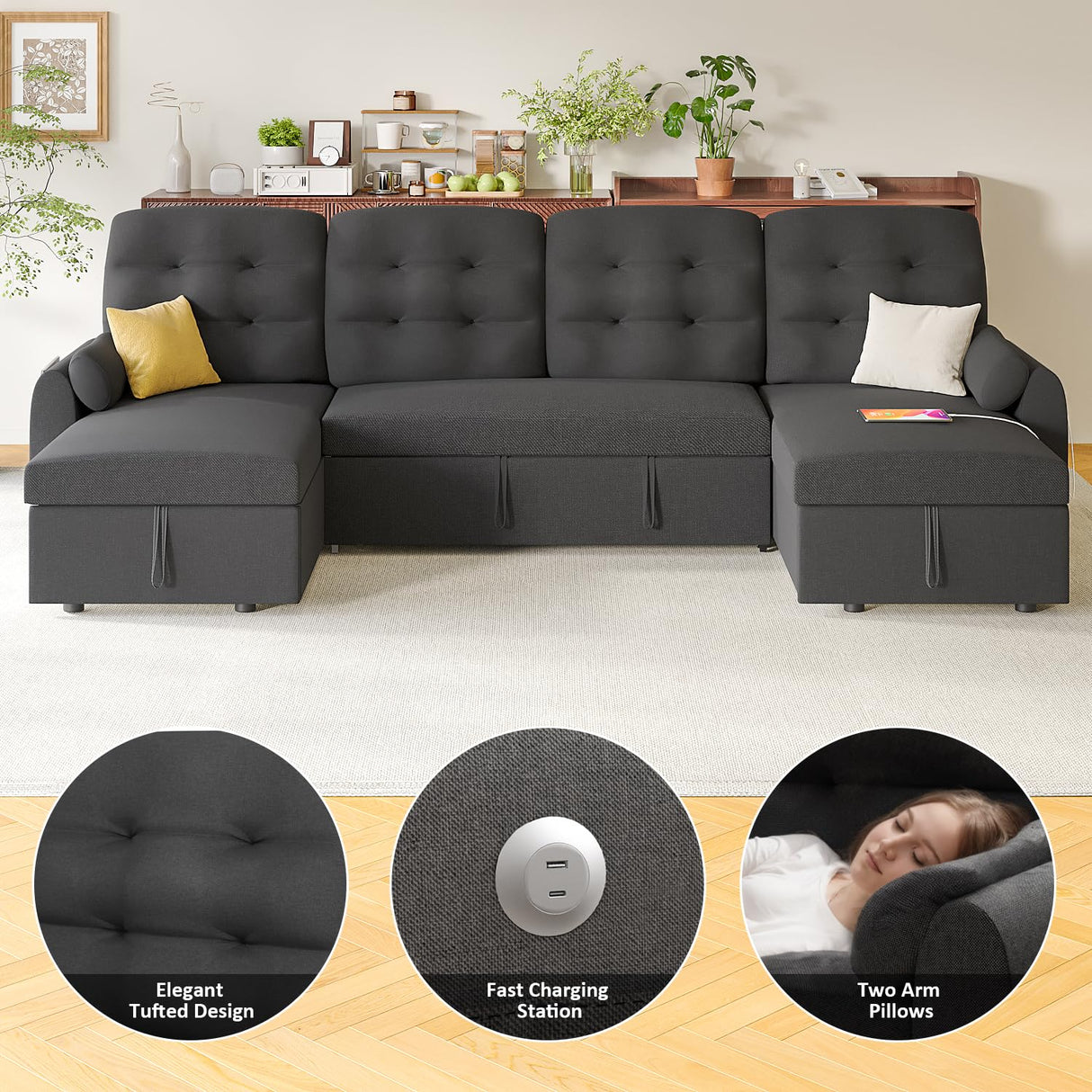 Ucloveria Sleeper Sofa Bed, 112" U-Shaped Sectional Sofa Couches for Living Room, Pull Out Couch Bed with Dual Reversible Storage Chaise | USB Ports | Side Pockets | Removable Backrest Ucloveria