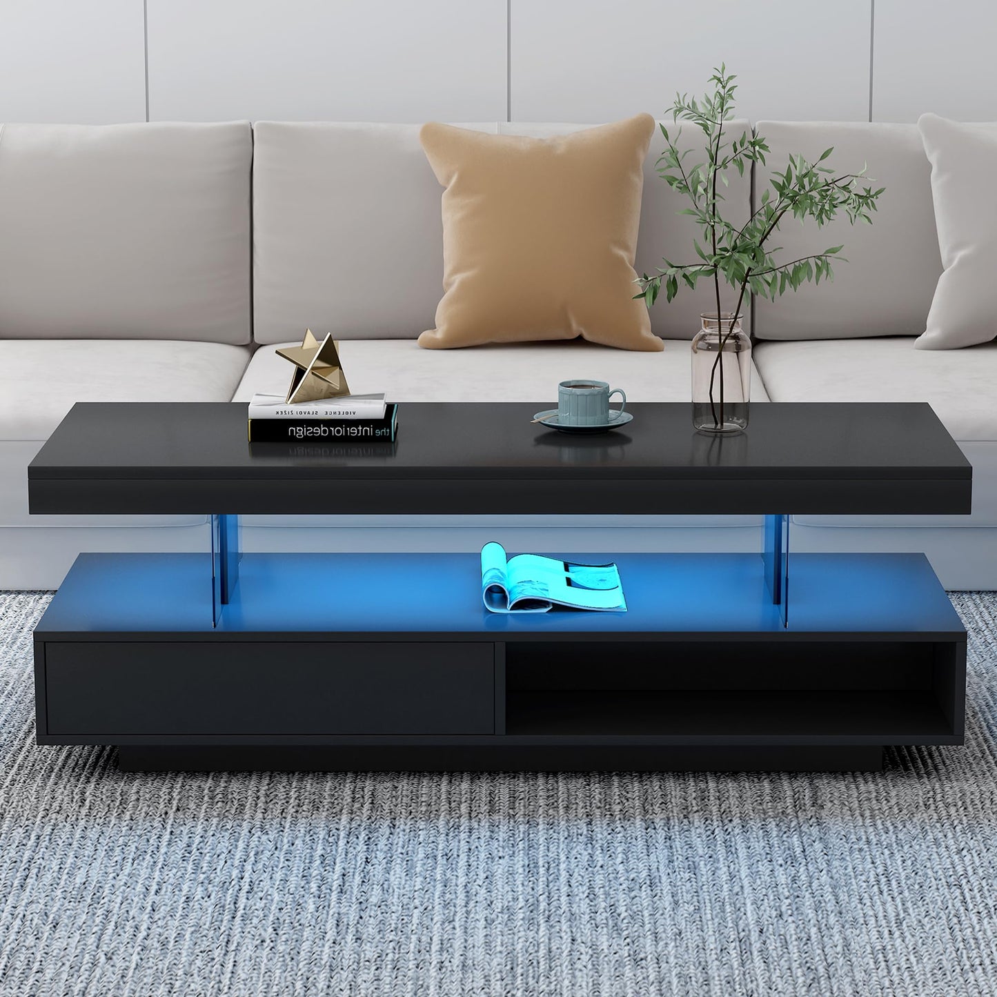 Modern LED Coffee Table with Storage, High Gloss Cocktail Center Table with Drawers, Display Shelves & LED Lights for Living Room, 51.2’’, Black