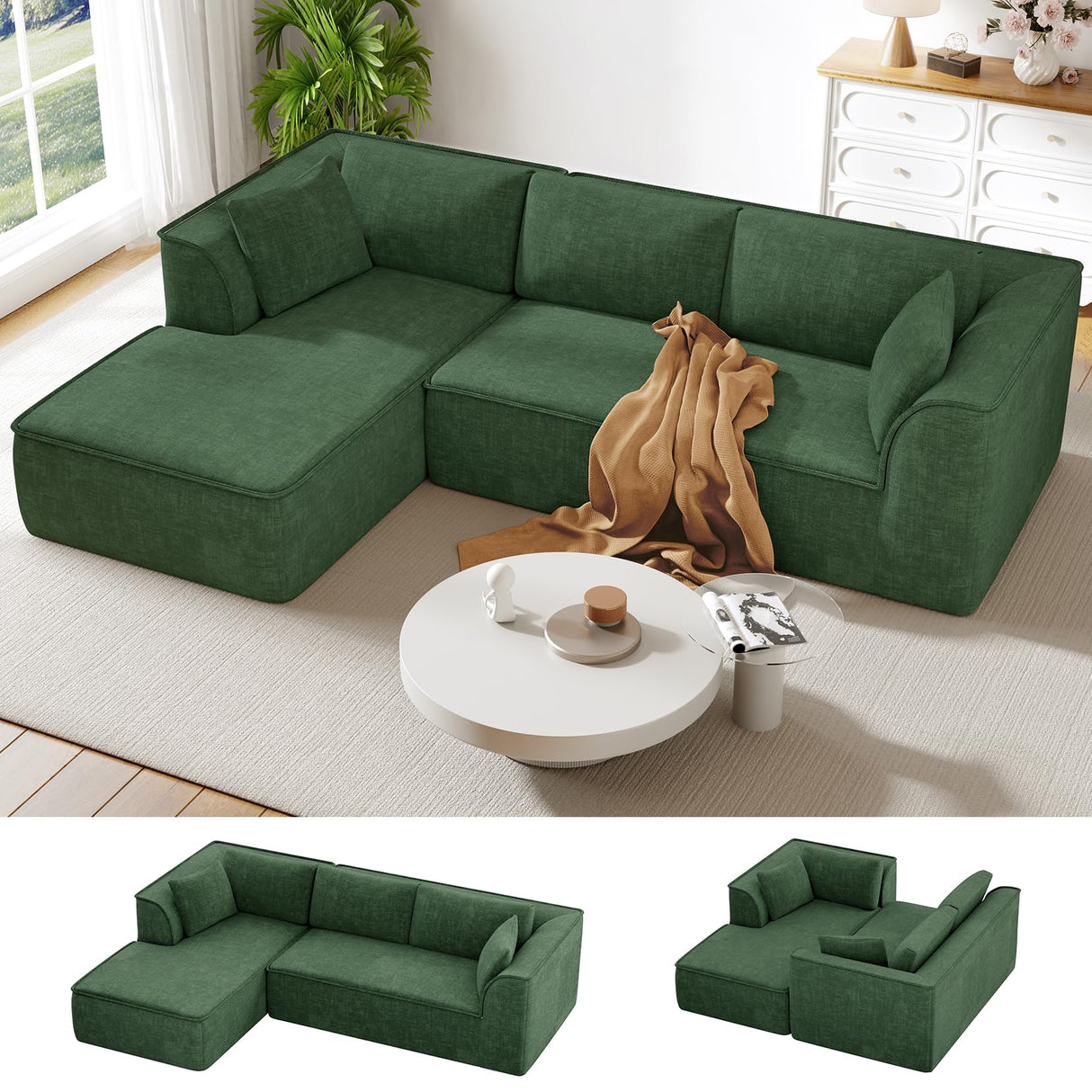 Vesgantti 106" Cloud Couch Sectional Modular Sofa, Deep Seat Comfy Cloud Couch Chenille Memory Foam Sofa Modular Couches for Living Room Bedroom, No Assembly Required (Green, Left-Facing Chaise) Vesgantti