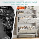 Vabches Shoe Storage Cabinet with 2 Flip Drawers,Freestanding Narrow Shoe Organizer with Open Storage,Hidden Slim Organizer Rack for Entryway,Hallway,White Vabches