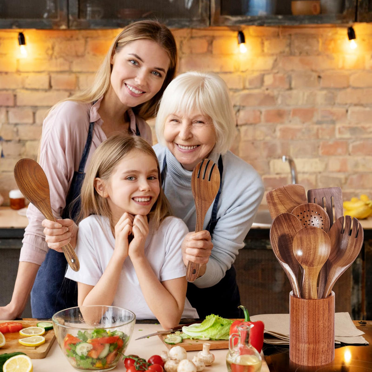 Natural Solid Teak Wooden Cooking Utensils for Nonstick Cookware, Wooden Kitchen Utensils Set Includes Spoons, Spatulas, Strainer Spoon, Salad Fork with Holder and Spoon Rest (9PCS) AIUHI