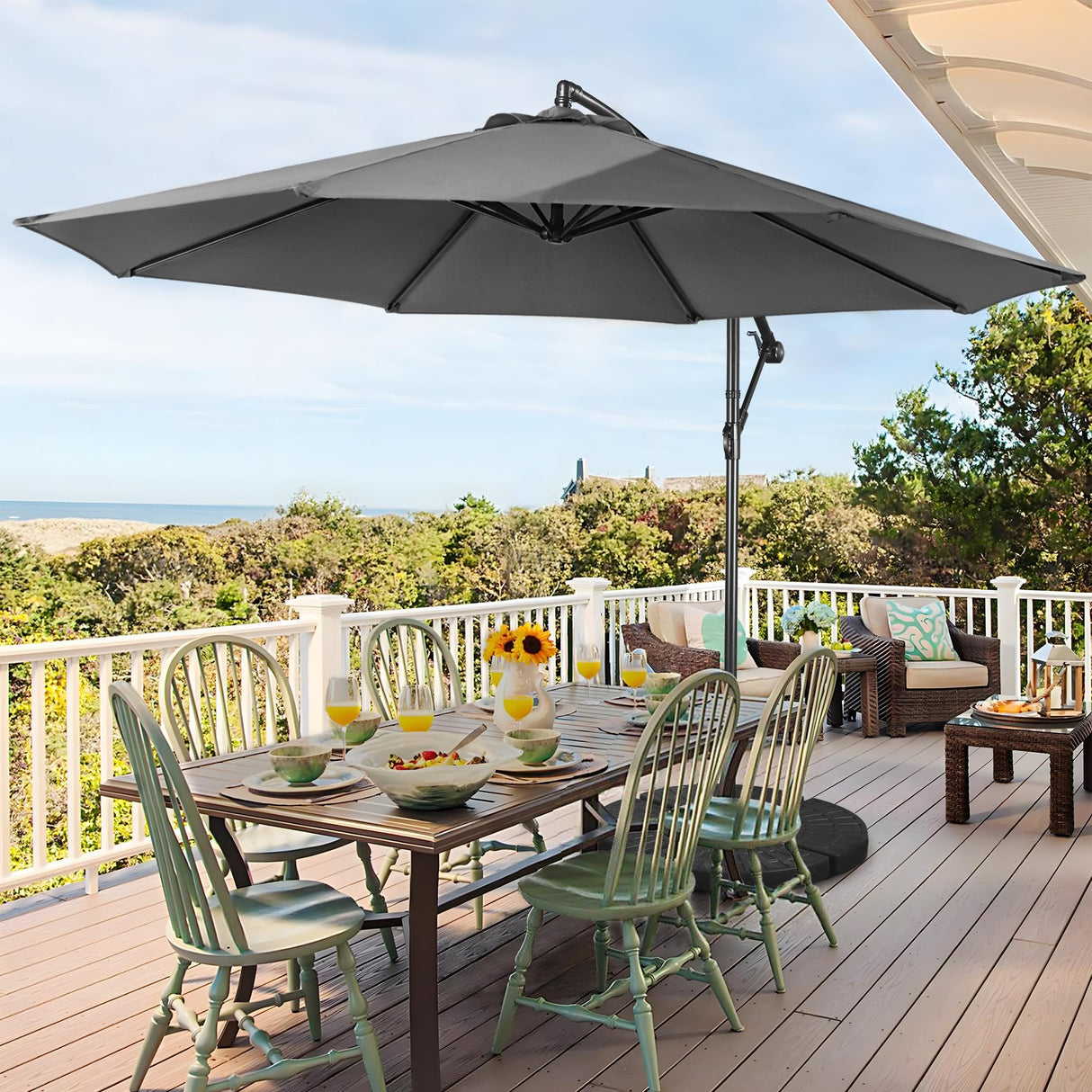 Yaheetech 10FT Patio Offset Umbrella - Cantilever Hanging Outdoor Umbrellas w/UV Protection & 8 Ribs & Handy Crank & Cross Base for Market/Garden/Lawn/Deck/Backyard/Pool - Gray Yaheetech