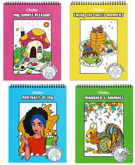 Ohuhu Double-Sided Bleedproof Coloring Book for Alcohol Markers - 4 Sets of 8"x10" Coloring Books - 160 Stress-Relieving Animal Mandala Flower Dessert Portrait Designs for Adults and Teens Ohuhu