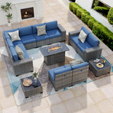 VONZOY 13 Piece Patio Furniture Set with Fire Pit Table, Outdoor Conversation Sets Grey Wicker Rattan Sectional Sofa, 4'' Thickened Cushion Navy Blue (Include Waterproof Cover) VONZOY