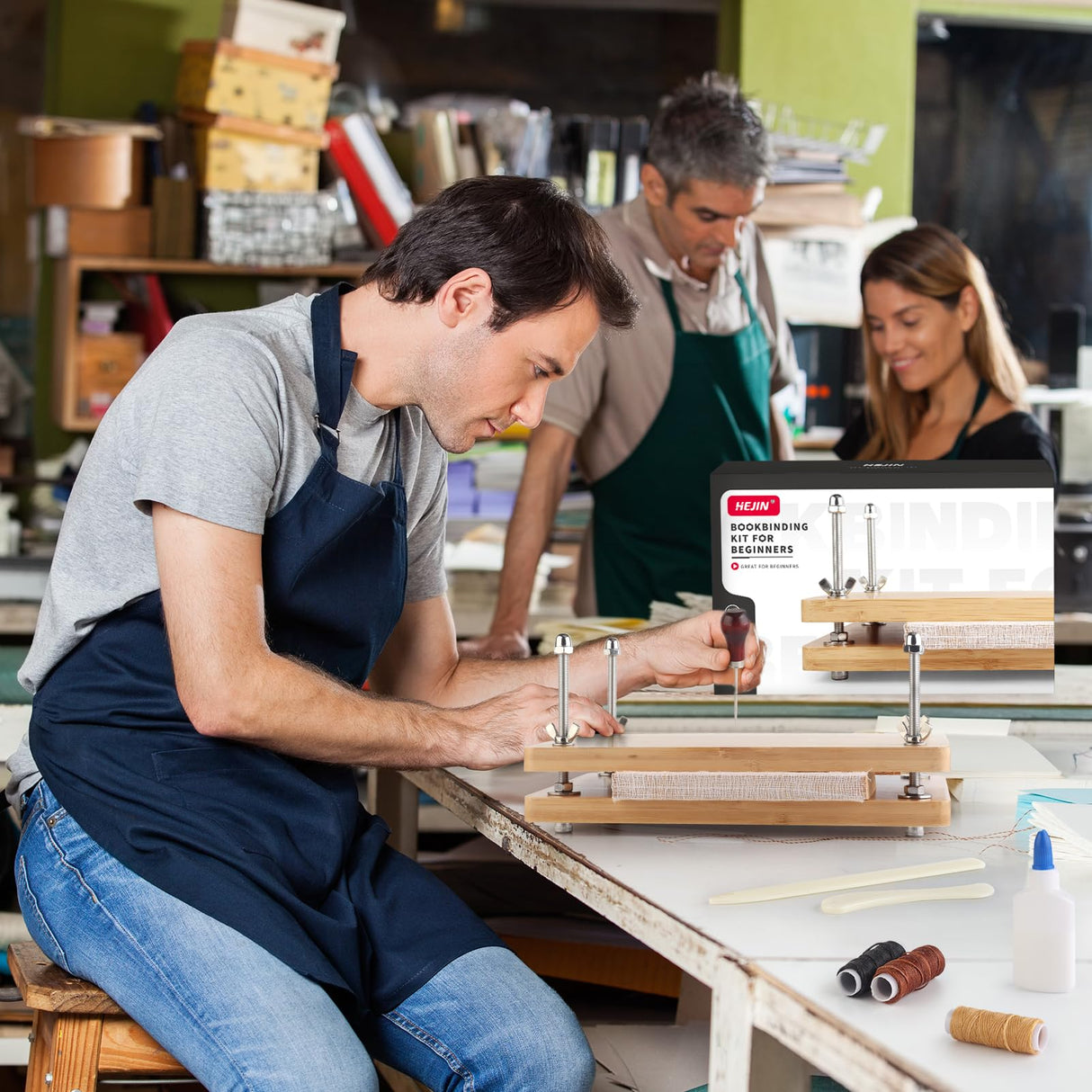 HEJIN Book Binding Kits, Bamboo Wood Book Press with Plastic Bone Folder, Waxed Thread, Book Binding Materials for Beginners Bookbinding Supplies HEJIN