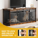 DWVO 71" Double Dog Crate Furniture for 2 Medium Dogs, Heavy Duty Wood Dual Dog Kennel TV Stand with Sliding Doors, Decorative Wooden 2 Dog Cage Table with Dog Bowls for Extra Large Dogs Rustic Brown DWVO