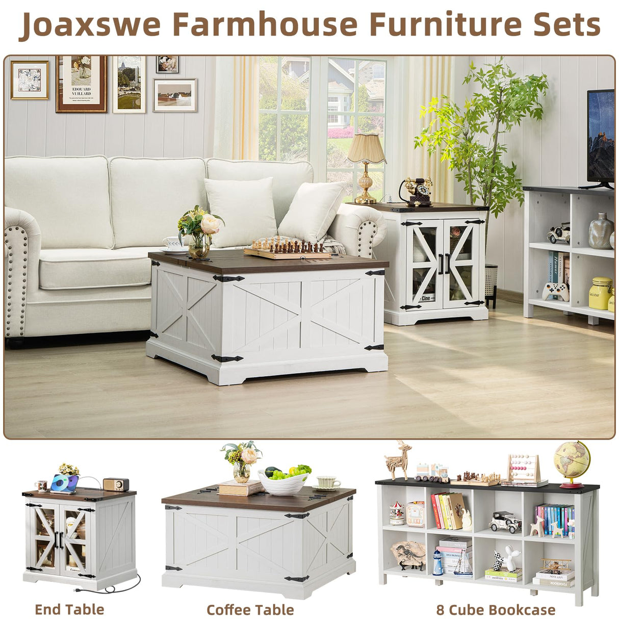 Joaxswe Farmhouse Coffee Table with Large Hidden Storage Compartment, Antique White Square Center Table, Wood Rustic Low Modern Living Room Tables with Hinged Lift Brown Top & Wooden Arc Base Joaxswe