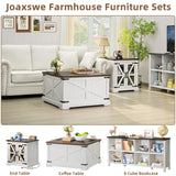 Joaxswe Farmhouse Coffee Table with Large Hidden Storage Compartment, Antique White Square Center Table, Wood Rustic Low Modern Living Room Tables with Hinged Lift Brown Top & Wooden Arc Base Joaxswe