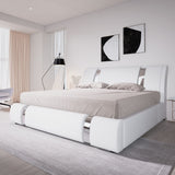 Stylish Allewie King Size Faux Leather Bed Frame with Curved Adjustable Headboard, Modern White Design Allewie