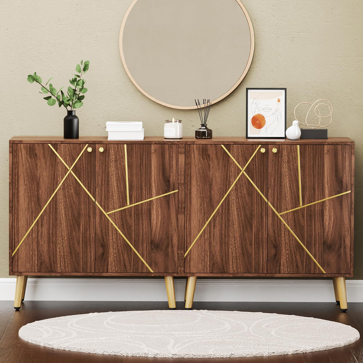 Vrullu Storage Cabinet, Free Standing Buffet Cabinet, Morden Sideboard and Buffet Storage, Wood Accent Cabinet for Living Room, Hallway, Entryway (1, Brown) Vrullu